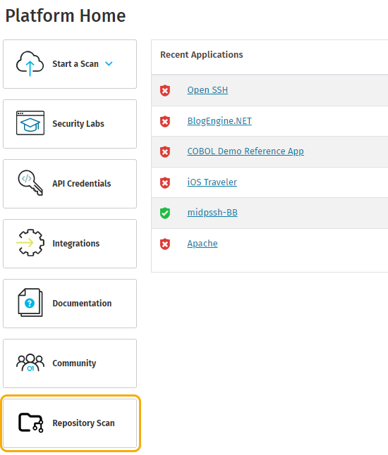Repository scan button on Platform homepage